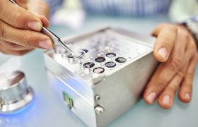 Person inserting a sample in the Phenom XL sample holder.