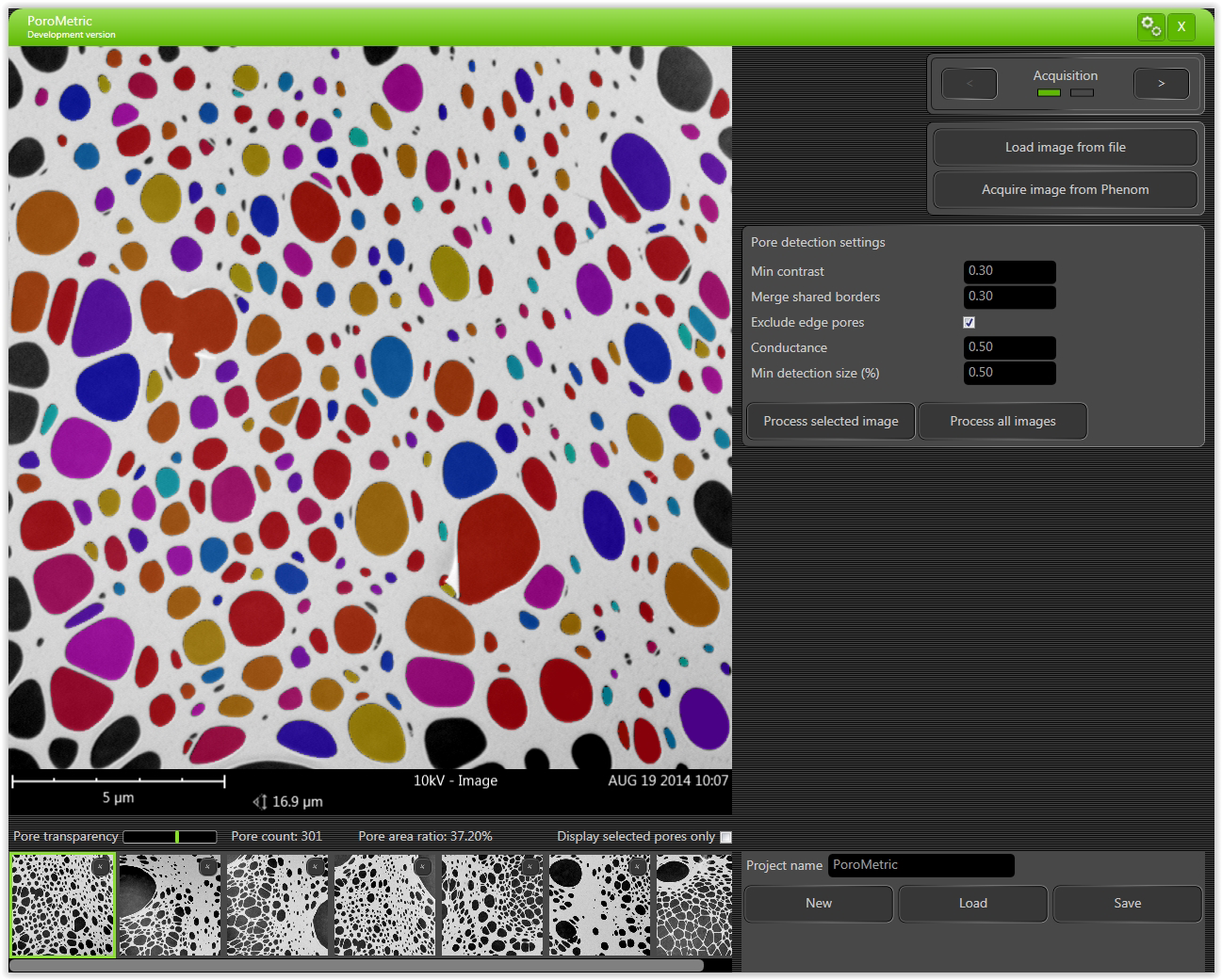 Pore size analysis software for tabletop SEM