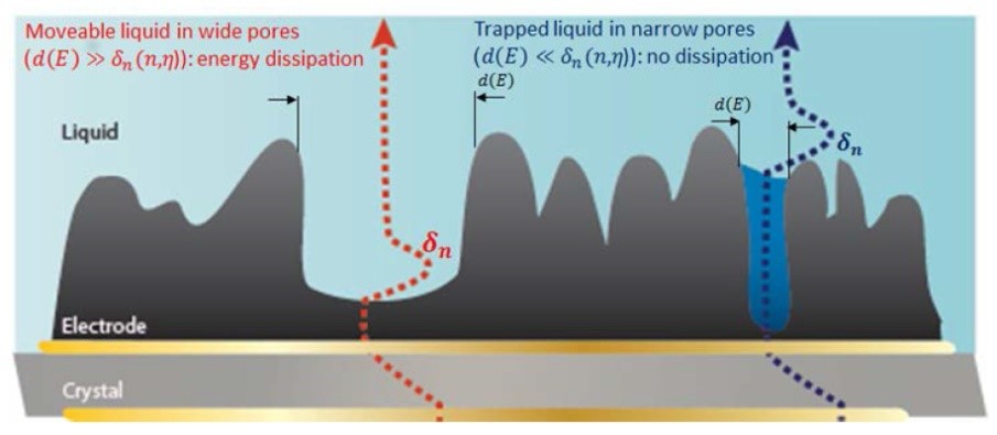 Schematic diagram of rough/porous electrode coating onto oscillating quartz sensor surface in electrolyte solution