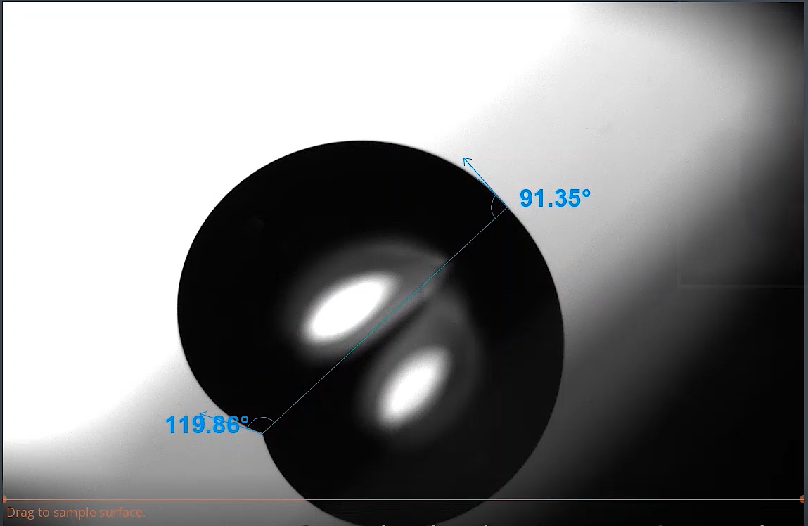 Image of drop with measurements with tilting angle stage
