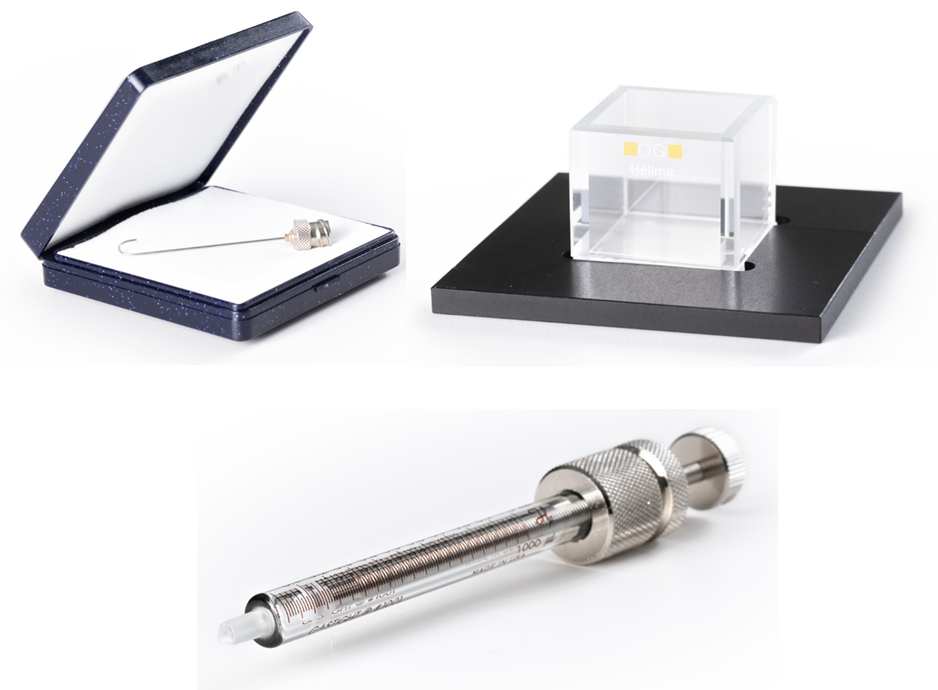 Hooked needle, cuvette and threaded syringe used in performing captive bubble measurements