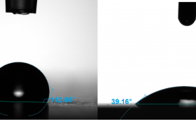 Contact angles demonstrating hydrophobic and hydrophilic surfaces