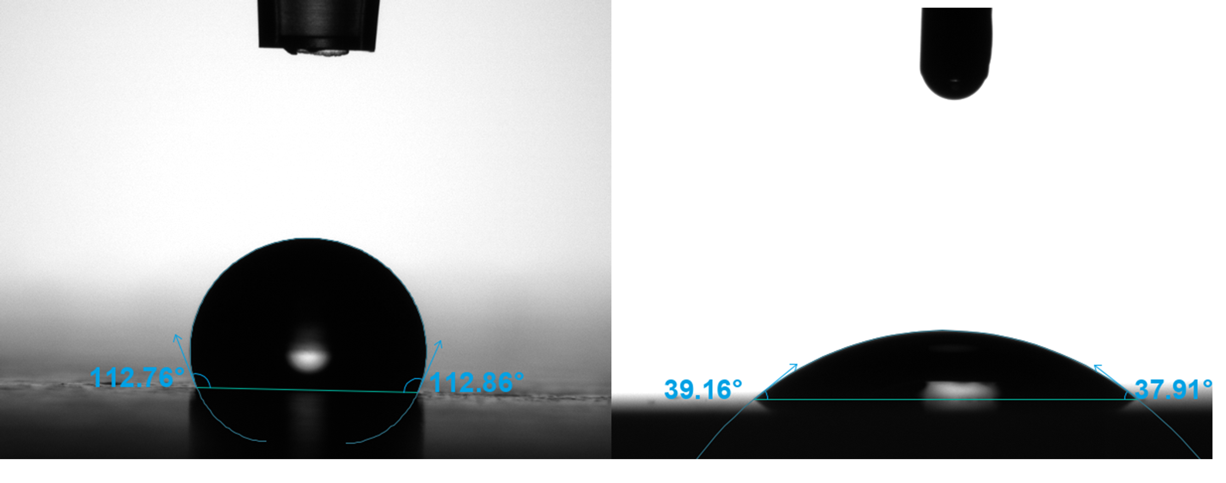 Contact angles demonstrating hydrophobic and hydrophilic surfaces