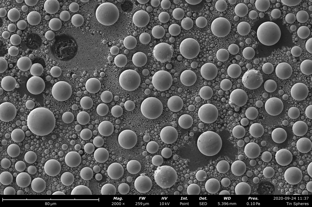 Tabletop SEM image of tin spheres