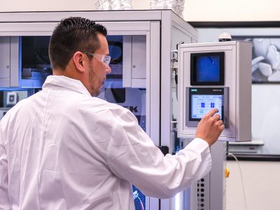 Scientist in front of LE-500 electrospinning/electrospraying system