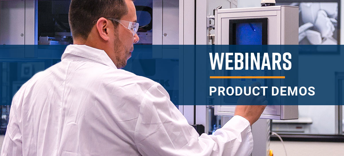 Webinar and product demo banner showing a scientist using an electrospinner